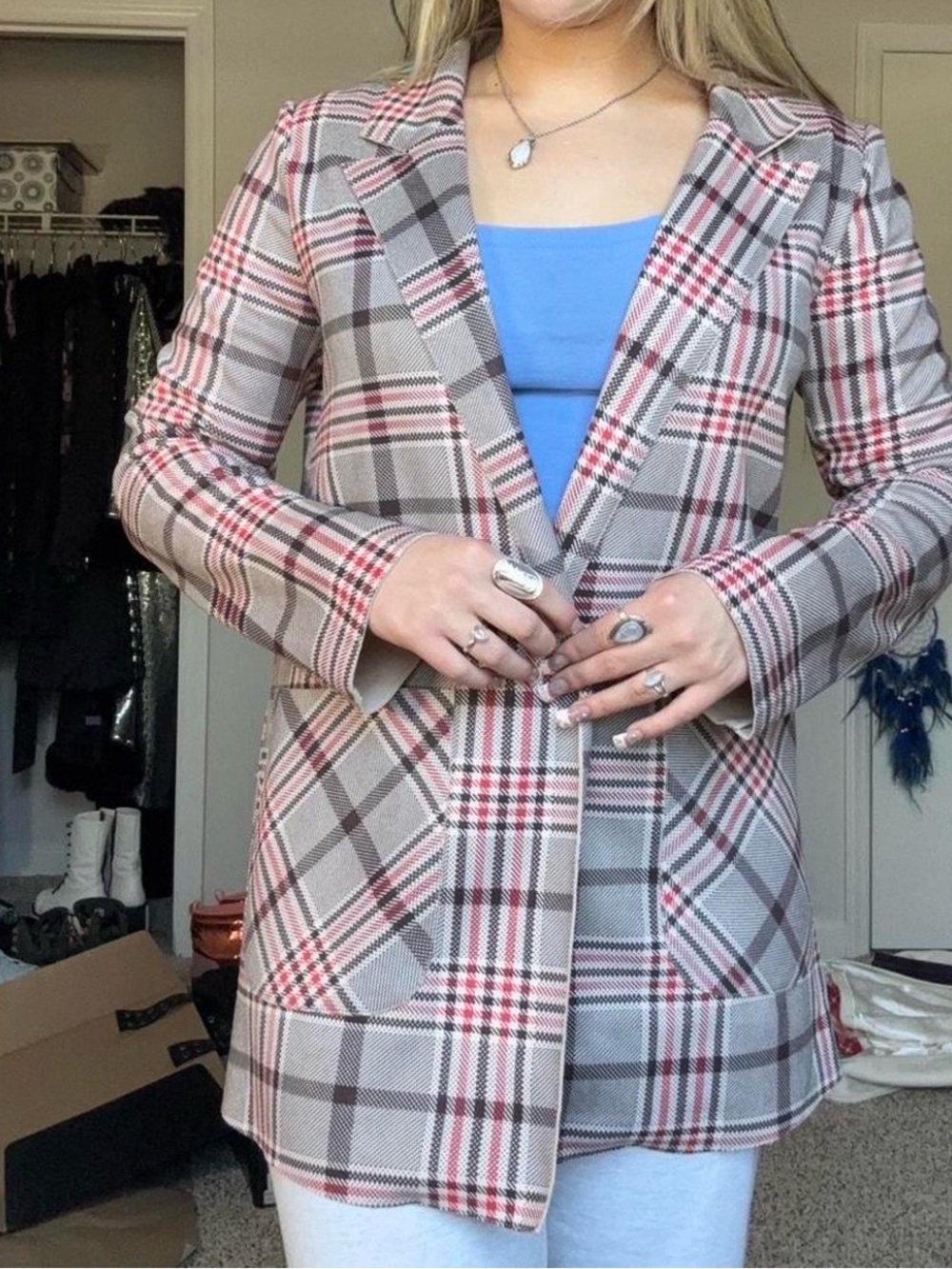 Solitaire Plaid Blazer Jacket in Brown Red & Cream 🤎 Soft Suede-like Knit Fabric